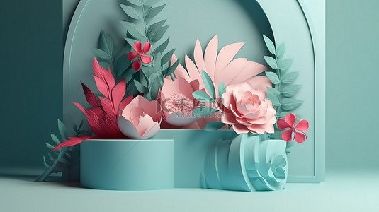 风格化的叶子背景图片_装饰有 3D 渲染几何形状花朵和叶子的纸艺风格讲台