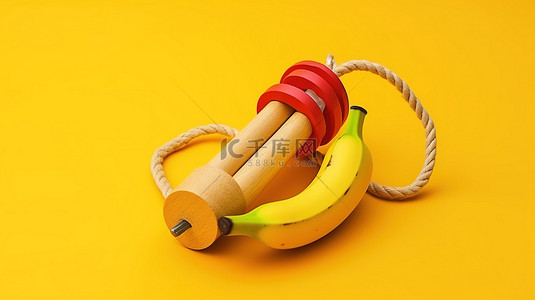 黄色背景警示图像上木制弹弓玩具武器和成熟黄色香蕉的 3D 渲染