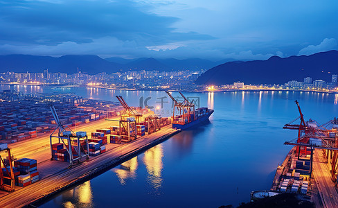 大桥港口背景图片_一个大型集装箱港口，周围环绕着海岸线的大山