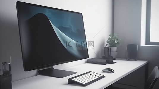 白色办公桌上黑色电脑屏幕的特写模拟 3D 渲染