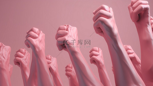 手举起背景图片_通过 3D 插图中举起的粉红色拳头描绘的女权运动