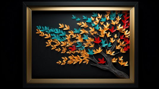 黑色背景上的金色波浪形状 3D 墙框艺术，以绿松石和红色树叶为特色