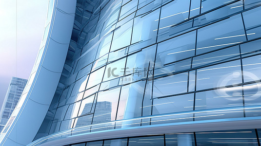 弧形玻璃摩天大楼具有 3D 渲染的未来愿景