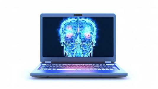 孤立的白色背景 3D 渲染的计算机笔记本显示屏显示大脑的 X 射线