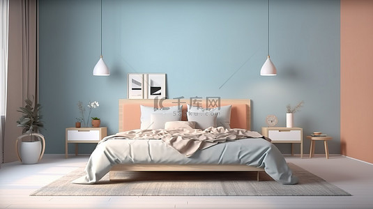 斯堪的纳维亚风格卧室中的现代家具展示 3D 渲染插图