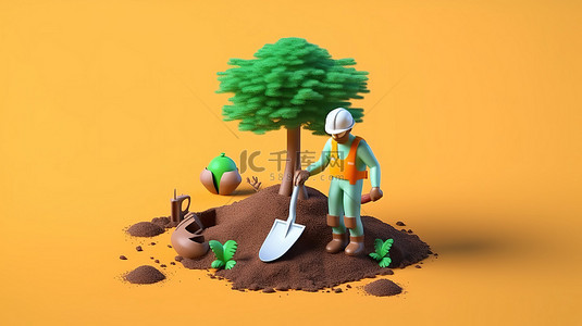 3d 插图园丁挖洞种植一棵树