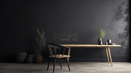 别致的现代斯堪的纳维亚风格内饰，配有光滑的黑色木桌和椅子，以令人惊叹的 3D 渲染的冷灰色墙壁为背景