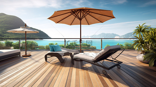 泳池露台的 3D 渲染，俯瞰大海，配有木地板藤条日光浴床和织物遮阳伞