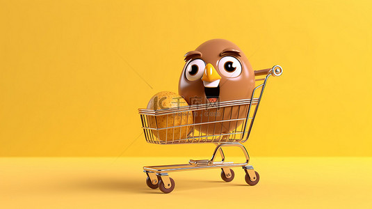 在充满活力的黄色背景上推着购物车的拟人化棕色鸡蛋吉祥物的 3D 渲染
