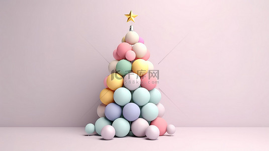 节日冷杉的简约 3D 渲染圣诞树，装饰着柔和的彩色装饰品