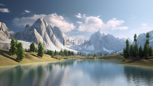 旅游插画风景背景图片_风景秀丽的山脉和湖泊景观的令人惊叹的 3D 渲染