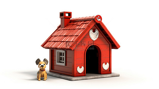 白色背景的 3D 渲染，带有卡通木狗屋，有红色屋顶和可爱的小狗标志