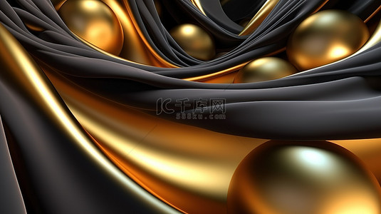 金色金属发光球体和圆环在豪华柔软纺织面料上的运动 3D 渲染