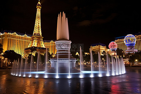 拉斯维加斯和夜晚的喷泉 拉斯维加斯酒店和埃菲尔铁塔