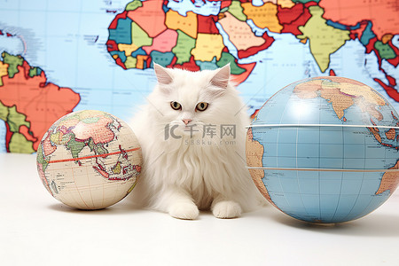看球背景图片_笼子里的猫看着三个玩具球一只猫和一个地球仪
