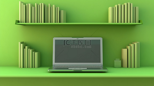 垂直背景，绿色架子上有笔记本电脑的 3D 插图