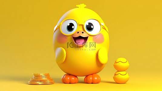 可爱小猪背景图片_可爱的黄色卡通鸭子人物，带有存钱罐和金币，亮黄色背景，3D 创建