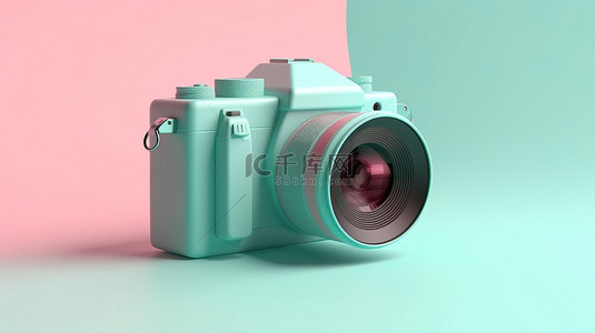 粉色和绿松石背景 3d 渲染的最小柔和相机