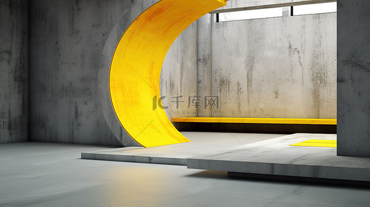 抽象混凝土内部的 3D 渲染，具有充满活力的黄色口音