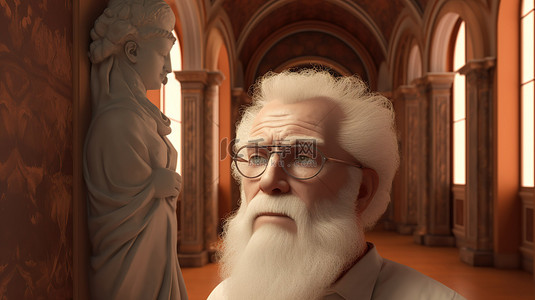 富丽堂皇的宫殿中一位戴着眼镜和卷曲胡须的明智长者的 3d 渲染