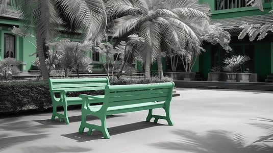 都市背景背景图片_带椰子树和座位的户外咖啡馆的单色绿色 3D 渲染