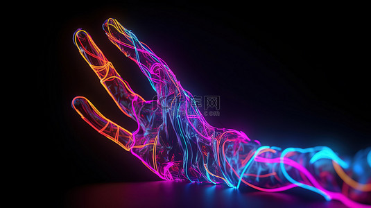 人工手在 3D 渲染中抓住明亮的霓虹灯轨迹