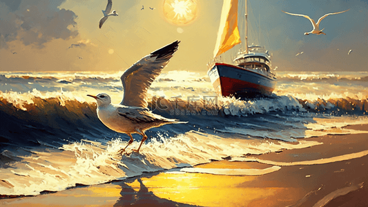 帆船海鸥背景图片_旅游海边海水金色帆船背景