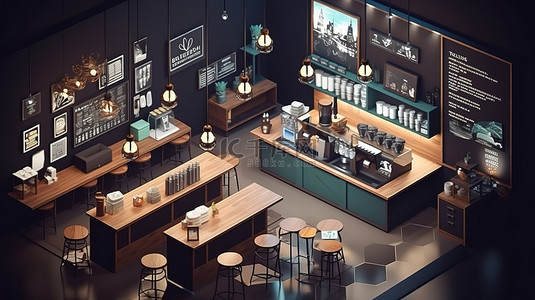 舒适的咖啡店内部的等距 3D 插图，配有柜台收银机和黑板菜单的桌子