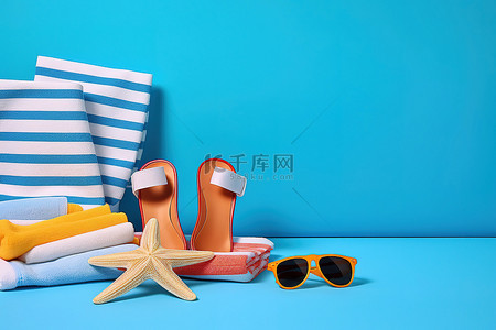沙滩凉鞋背景背景图片_条纹纸巾沙滩巾毛巾和沙滩凉鞋