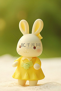 一只穿着黄色裙子长着耳朵的玩具兔子