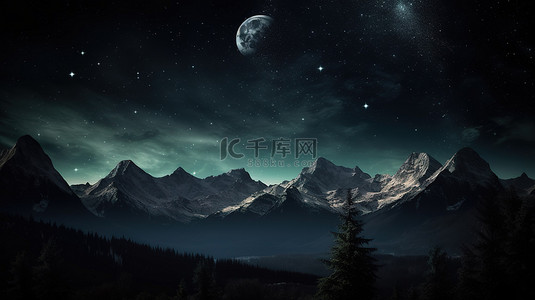 水彩效果元素背景图片_黑色背景下的黑山树木和月亮的星夜景观 3D 壁纸