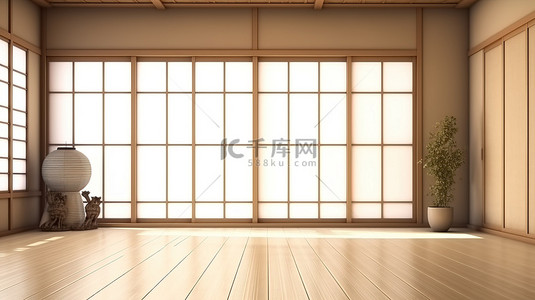 日式房间背景图片_3D 渲染的日式房间，空旷的空间供您想象