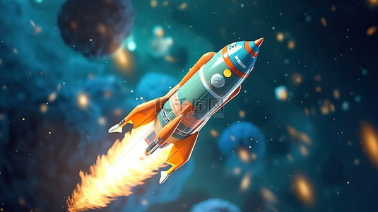 描绘火箭在宇宙中翱翔的 3D 插图