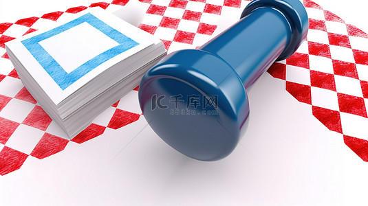 戳白色背景图片_带有蓝色复选标记和橡皮戳的白色背景的 3d 插图