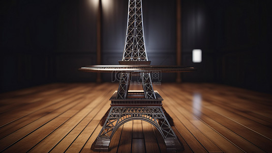 埃菲尔铁塔剪纸背景图片_质朴木桌上埃菲尔铁塔雕像的 3d 渲染