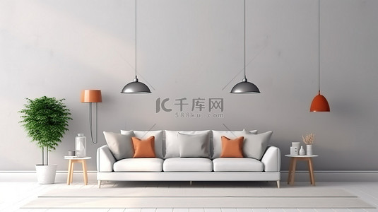 枕头样机背景图片_客厅内墙的白色背景 3D 插图，配有沙发枕头和灯作为模型