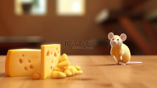 美味奶酪盘和顽皮老鼠的 3D 插图