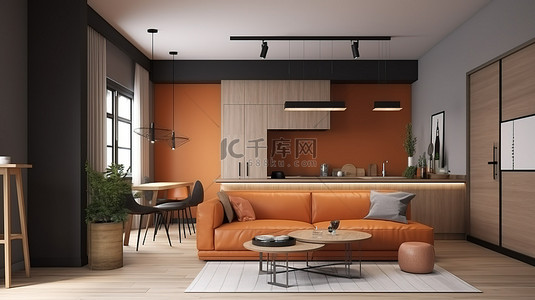 橙色客厅背景图片_斯堪的纳维亚客厅配有沙发和电视的 3D 渲染，毗邻充满活力的橙色厨房吧台