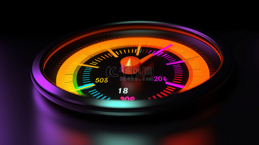 3D 插图中的彩色车速表图标，指针指示正常橙色速度