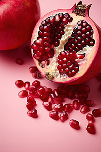 红色食品背景图片_粉红色背景上有红色种子和种子的石榴照片
