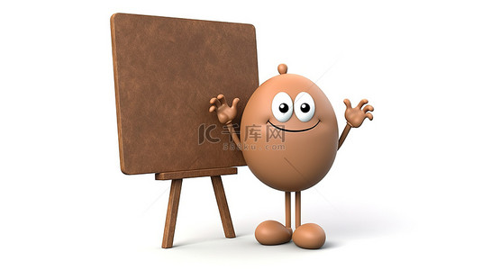 棕色鸡蛋吉祥物的户外展示，3D 白色背景上带有木制菜单黑板