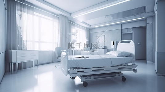 医院体检背景图片_带床和便利设施的医院康复室 3D 渲染内部