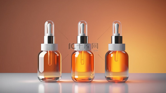 化妆品滴管瓶子背景图片_带滴管的护肤血清和医用乳液化妆品瓶的 3D 渲染插图模型