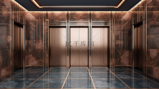 现代商务酒店大堂采用华丽的铜电梯电梯和花岗石设计的 3D 渲染