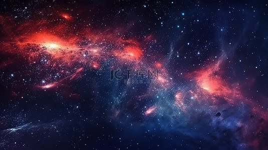 迷人的夜空，闪闪发光的星星和引人注目的红色星系宇宙和银河水平背景的 3D 插图
