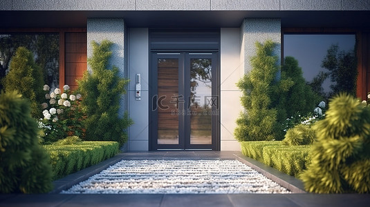 灌木草地背景图片_现代家居入口，配有郁郁葱葱的草坪和灌木丛 3D 渲染