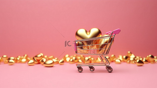 粉红色背景的销售横幅金心爱和情人节概念的 3D 渲染