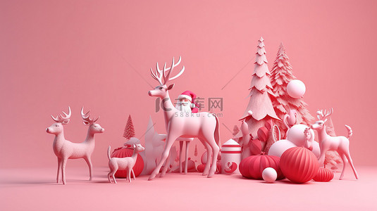 3.8活动页面背景图片_节日渲染圣诞老人和驯鹿，在粉红色的背景下带有圣诞节的口音