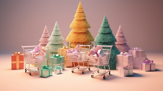 圣诞购物小礼品盒购物车和树木的 3D 渲染