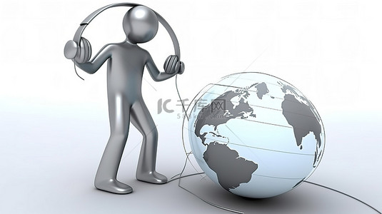 商务合作背景图片_全球通信概念 3D 白色人物，带耳机和地球仪